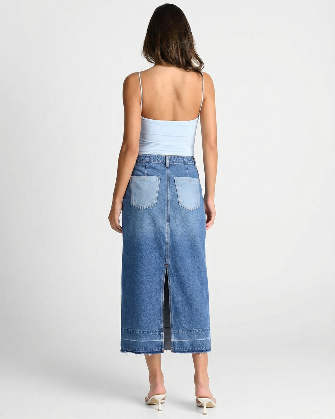 Charlotte | A-Line Contrast Panel Denim Maxi Skirt
