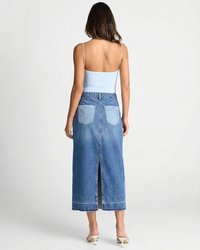 Charlotte | A-Line Contrast Panel Denim Maxi Skirt