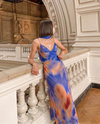 Victoria | Abstract Print V-Neck Spaghetti Strap Chiffon Maxi Slip Dress