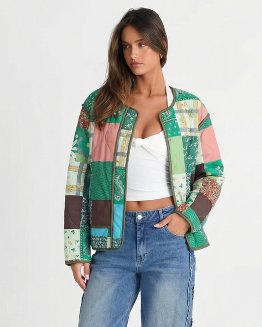 Yara | Quilted Jacket Green Patchwork Zip Up Lightweight Long Sleeve