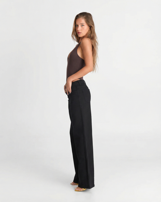 Vera | V Neck Bodysuit Brown High Waisted Black Pants
