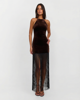 Darcy | Velvet Fringe Halter Neck Maxi Dress