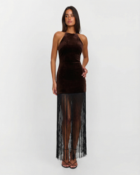 Darcy | Velvet Fringe Halter Neck Maxi Dress
