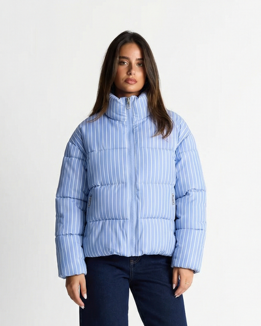 Iris | Quilted Puffer Jacket Light Blue Striped Cropped Oversized