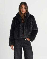 Francesca | Black Faux Fur High Collar Cropped Jacket