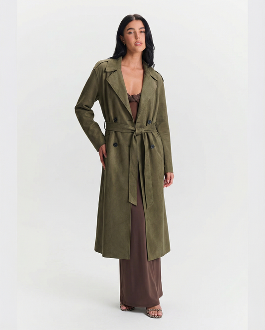 Ada | Elegant Longline Belted Coat Khaki Suede Effect