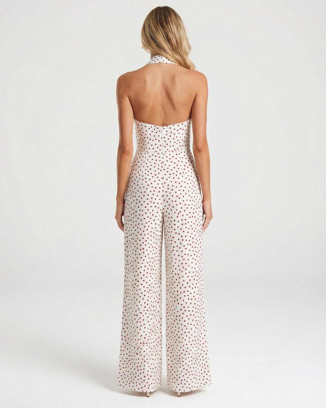 Alicia | Deep V Halter Polka Dot Twisted Bust Gold Hardware Wide-Leg Jumpsuit in Cream
