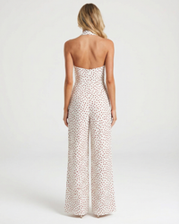 Alicia | Deep V Halter Polka Dot Twisted Bust Gold Hardware Wide-Leg Jumpsuit in Cream