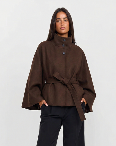 Wren | Elegant Brown Jacket Belted Oversized Funnel Neck