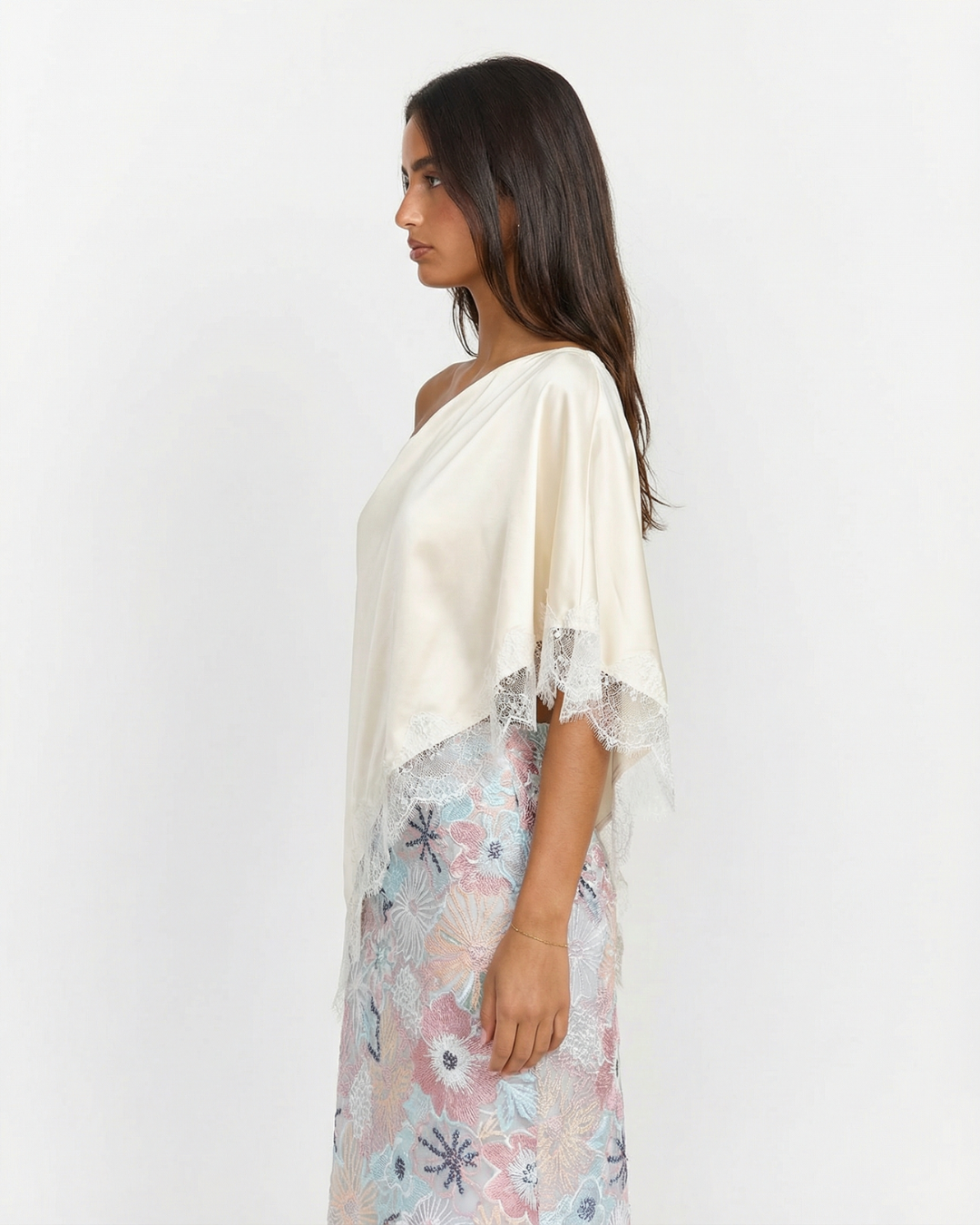 Aurora | Satin One Shoulder Lace Trim Asymmetric Top