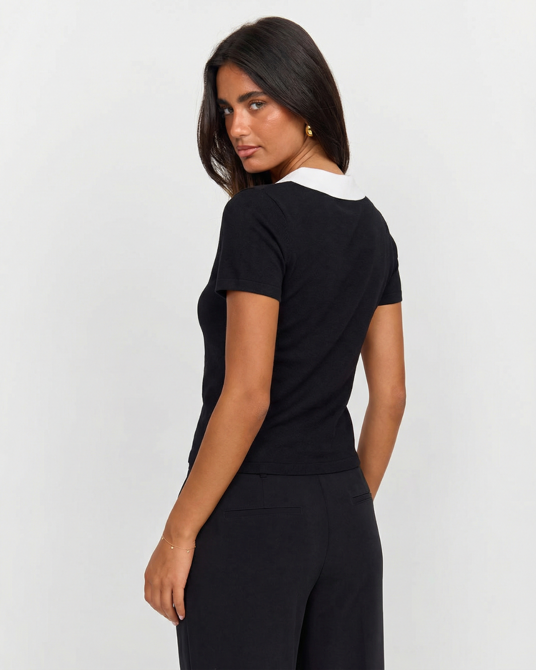 Eleanor | Chic Black Contrast Knitted Polo Top