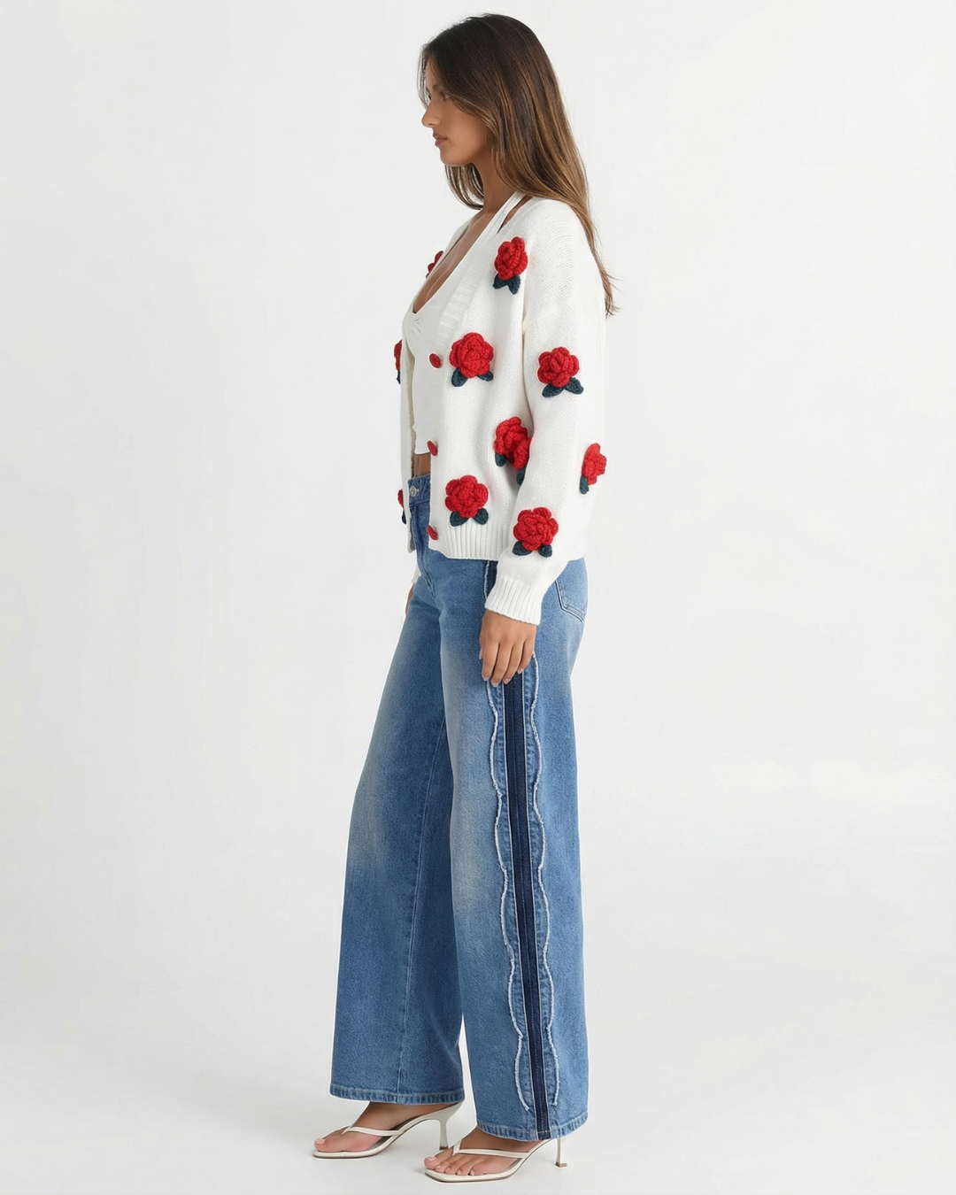 Zara | 3D Rose Appliqué Red Button Soft Knit Cropped Cardigan