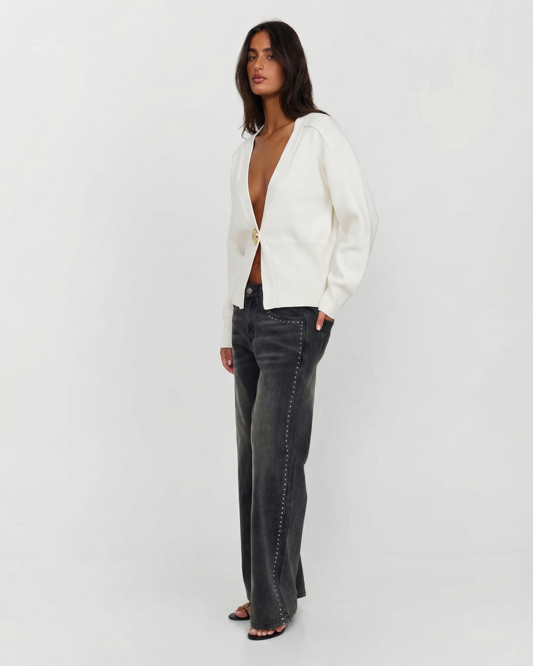 Ada | Deep V-Neck Gold Button Structured Shoulder Cropped Cardigan