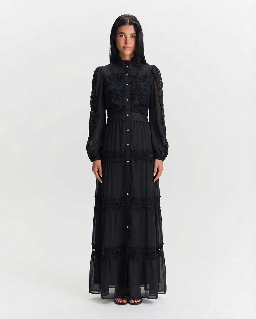 Cara | Lace Panel Tiered Chiffon Maxi Dress