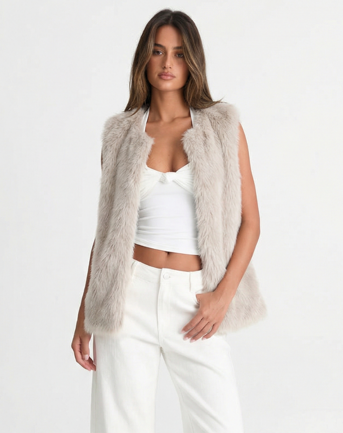 Caitlin | Collarless Open-Front Faux Fur Gilet