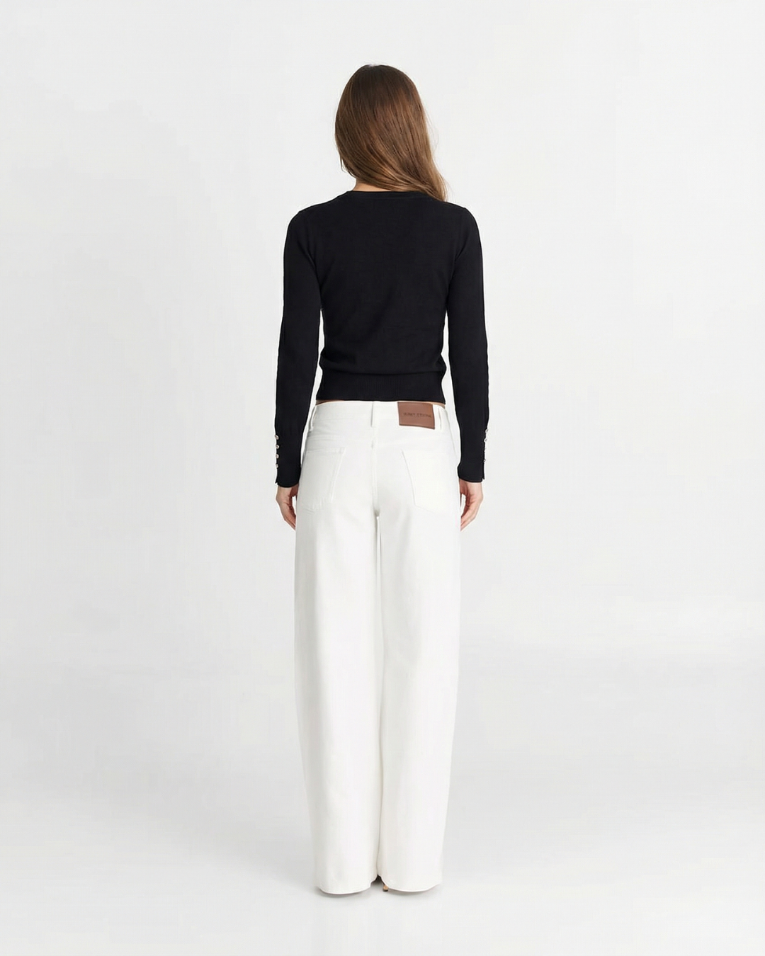 Bella | Gold Button Cuff Crew Neck Long Sleeve Fitted Lightweight Knit Top