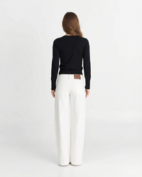 Bella | Gold Button Cuff Crew Neck Long Sleeve Fitted Lightweight Knit Top