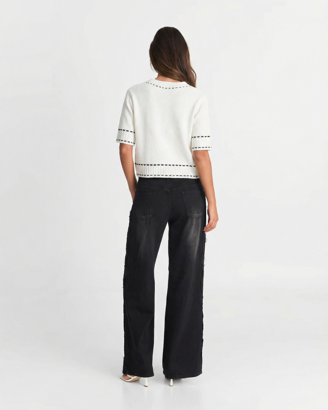 Margot | Cropped Blouse White Short Sleeve Button Front Contrast Stitch