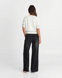 Willow | Contrast Stitch Round Neck Short Sleeve Patch Pocket Cropped Knit Cardigan