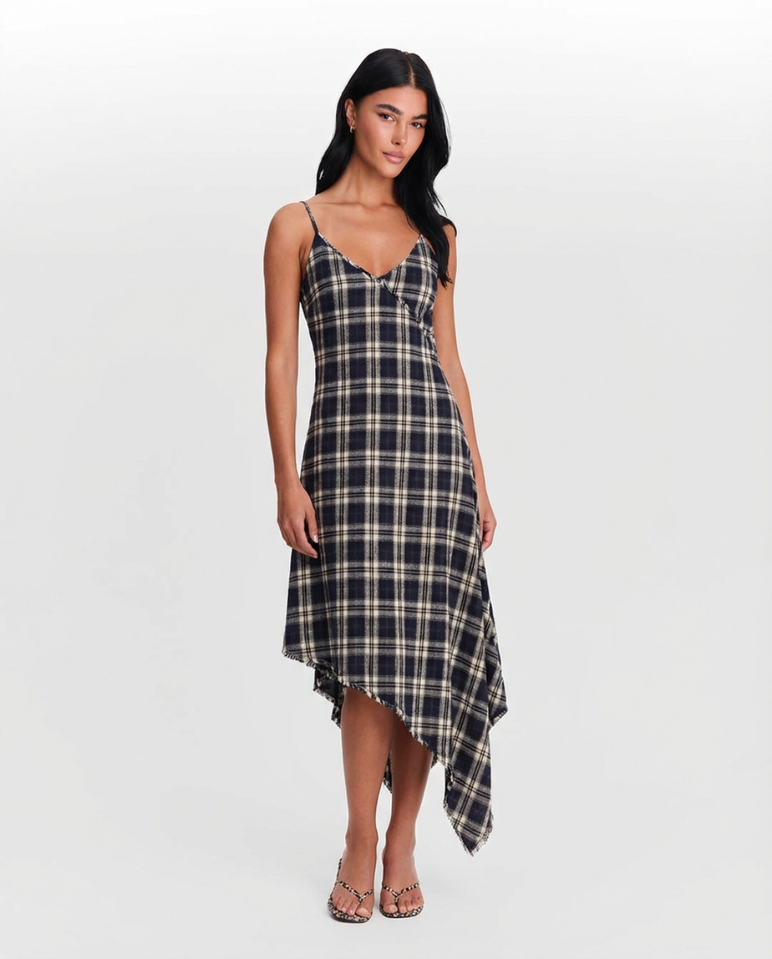 Cleo | Plaid Asymmetric Hem Midi Dress