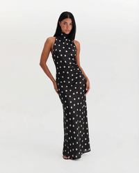 Caitlin | Polka Dot High Halter Neck Satin Maxi Dress