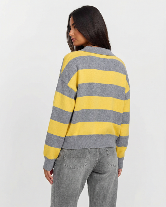 Ella | Yellow Stylish Striped Knit Polo Jumper