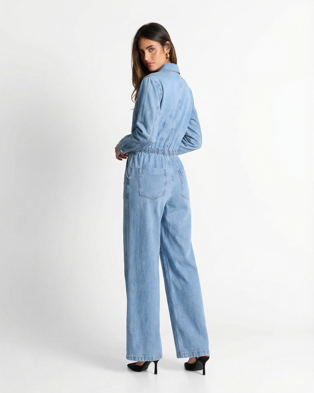 Arabella | Drawstring Waist Collared V-Neck Chest Pocket Wide-Leg Light Wash Denim Jumpsuit