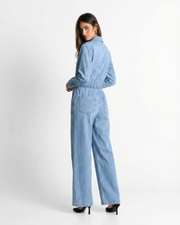 Arabella | Drawstring Waist Collared V-Neck Chest Pocket Wide-Leg Light Wash Denim Jumpsuit