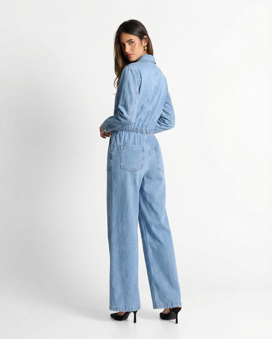 Nea | Casual Light Blue Denim Jumpsuit Long Sleeve Drawstring