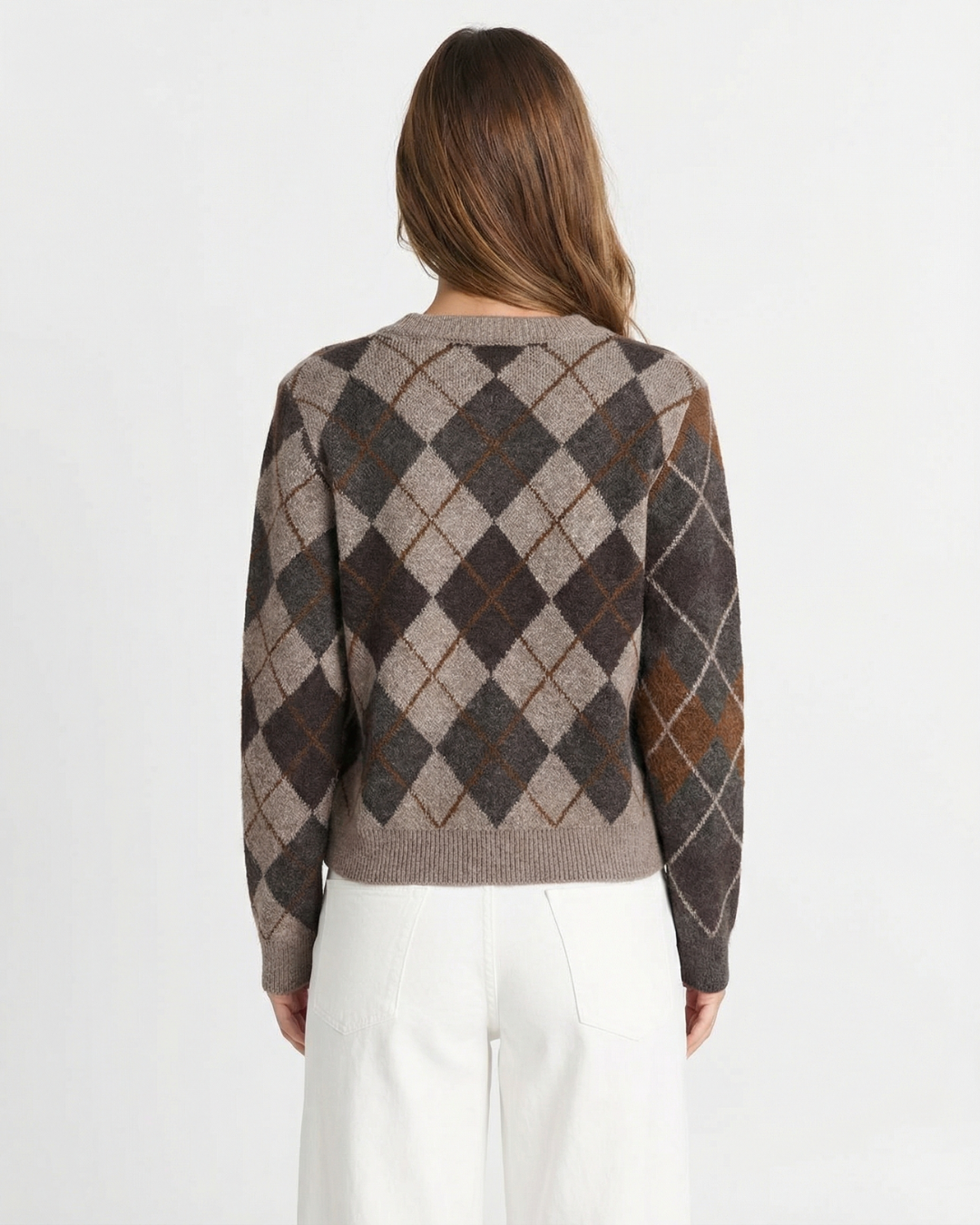 Ivy | Argyle Pattern Crew Neck Button Front Ribbed Trim Cropped Knit Cardigan