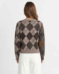 Ivy | Argyle Pattern Crew Neck Button Front Ribbed Trim Cropped Knit Cardigan