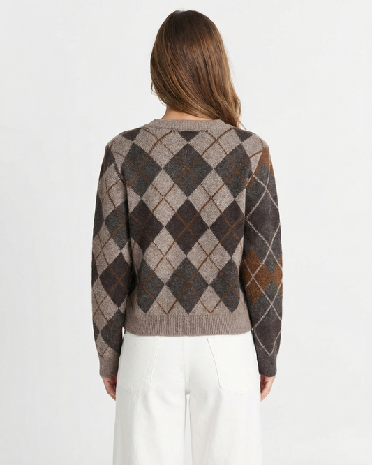 Lyra | Argyle Knitted Cardigan Brown Long Sleeve Button Front