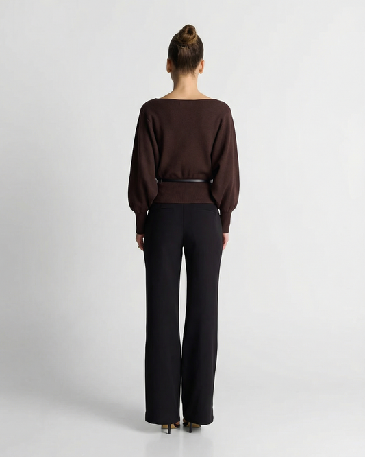 Flora | Smart Casual Peplum Blouse Brown Long Sleeve Belted