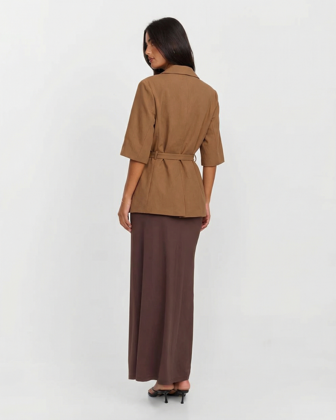 Thea | Belted Oversized Blazer Brown Three Quarter Sleeve