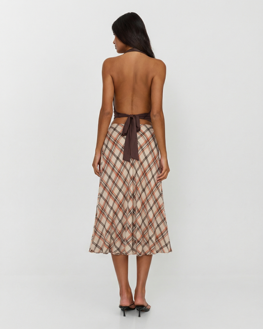 Briar | Autumn Pleated Midi Skirt Beige Check A Line