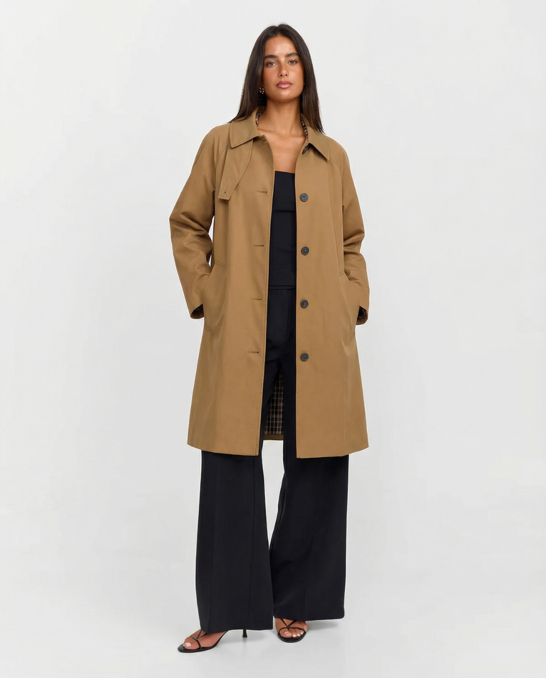 Talia | Smart Casual Longline Coat Camel Buttoned