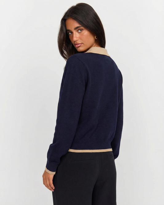 Harper | Black Elegant Knit Polo Cardigan with Contrast Collar