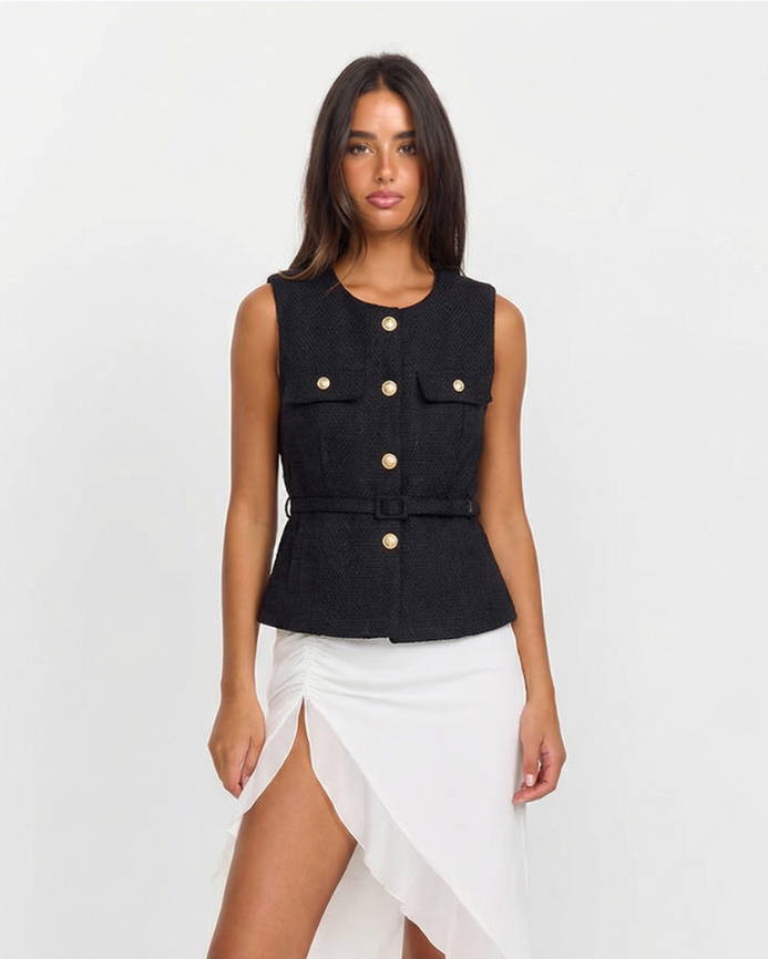 Gemma | Elegant Sleeveless Blazer Black Tweed Belted Gold Button