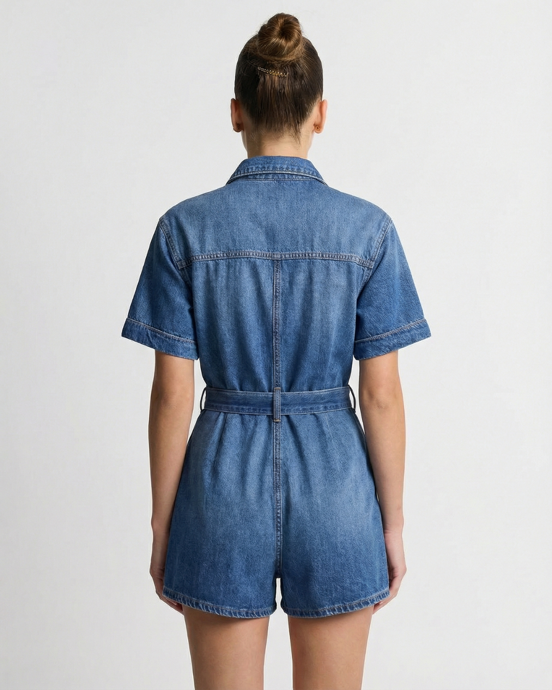 Alyssa | Collared Button Front Self-Tie Belt Short Sleeve Denim Shorts Romper in Blue