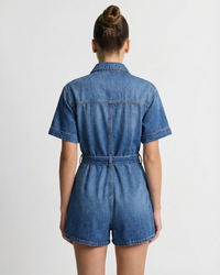 Alyssa | Collared Button Front Self-Tie Belt Short Sleeve Denim Shorts Romper in Blue