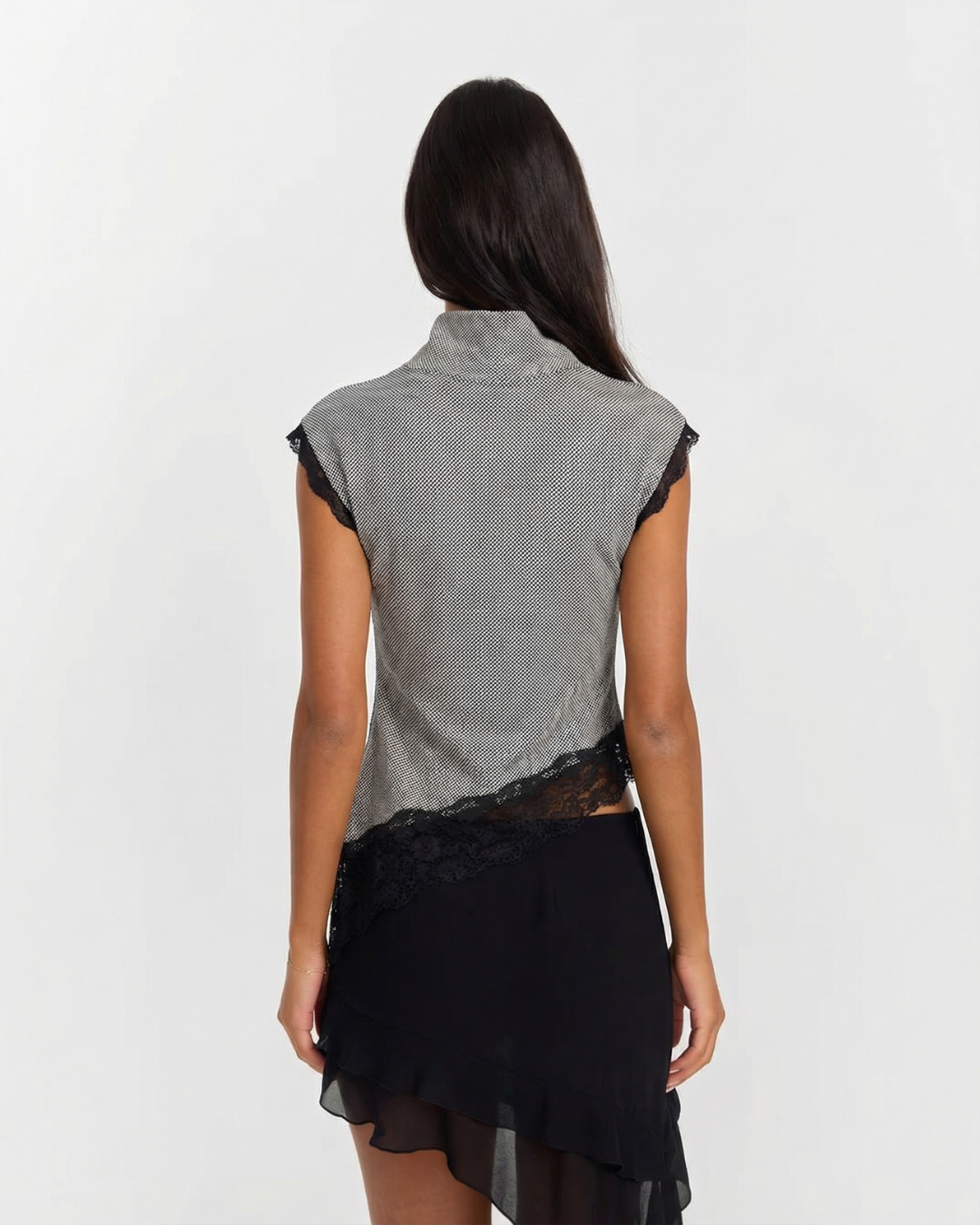 Betsy | Patterned Fine Knit Lace Trim Asymmetric Top