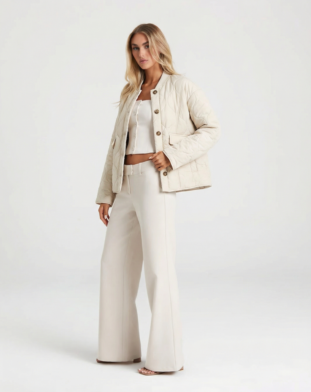 Opal | Quilted Jacket Cream Collarless Button Front Padded