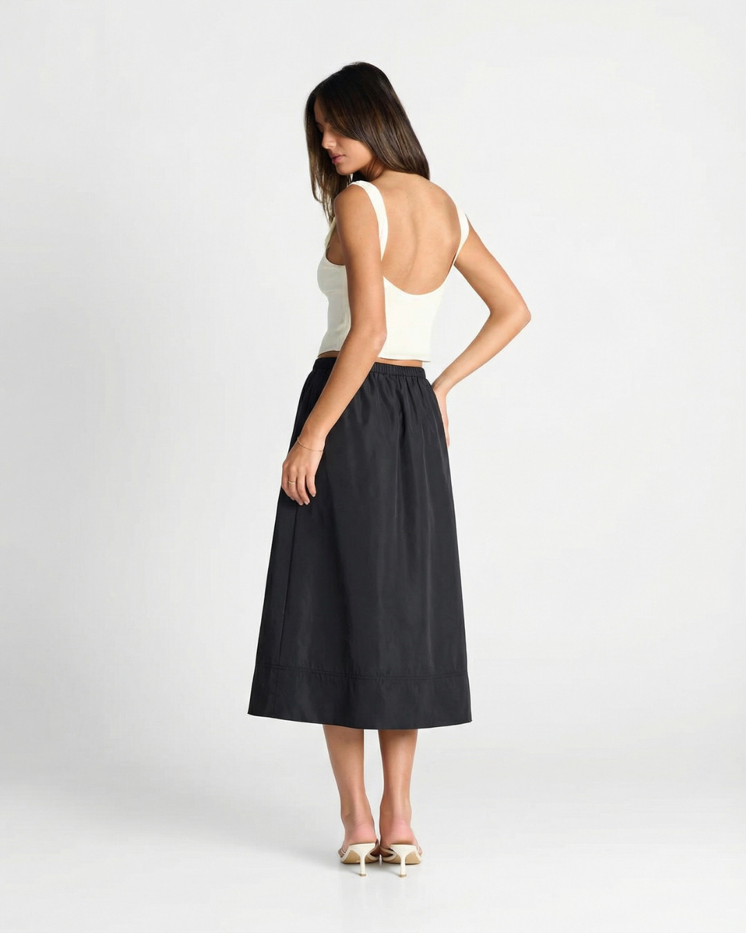 Isla | Satin Elasticated Waist A-Line Midi Skirt