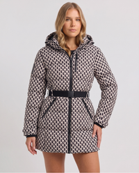 Malvina | Women's Hooded Belted Puffer Jacket Geometric and Black