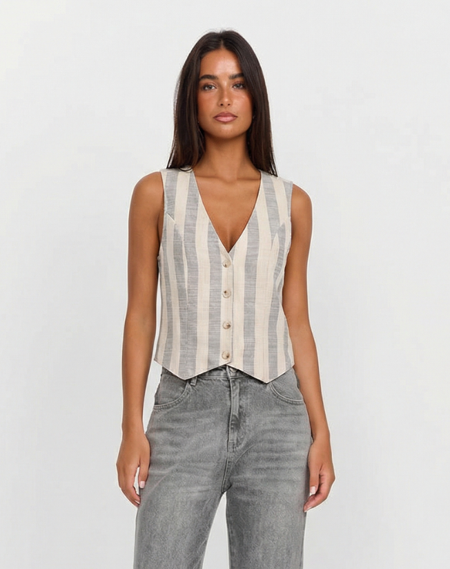 Gia | Striped Linen Waistcoat Beige Grey Button Front V Neck Sleeveless