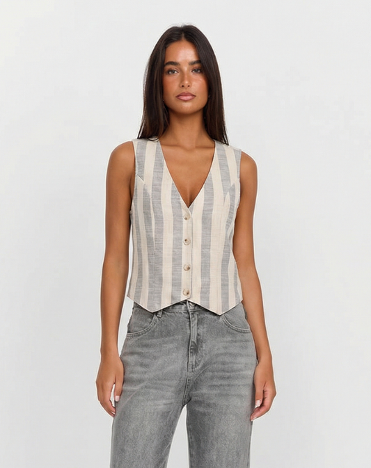 Gia | Striped Linen Waistcoat Beige Grey Button Front V Neck Sleeveless