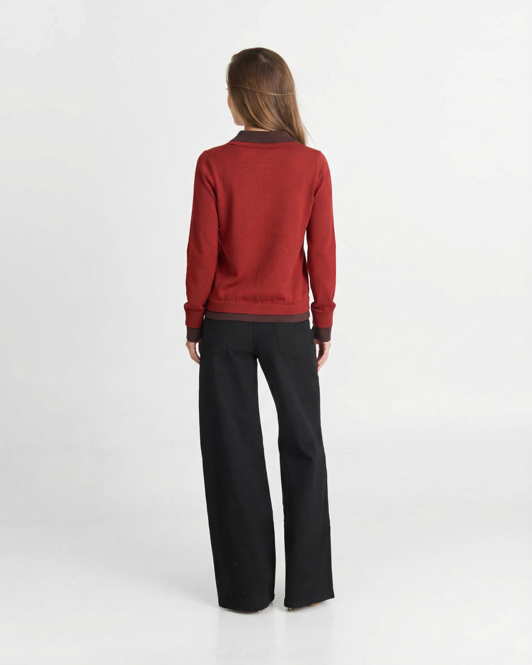 Hazel | Red Knit Long Sleeve Polo Jumper with Contrast Collar