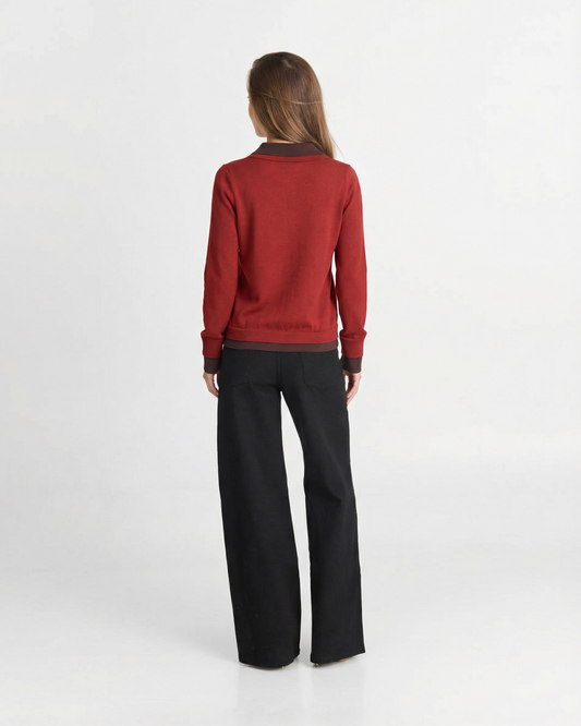 Hazel | Red Knit Long Sleeve Polo Jumper with Contrast Collar
