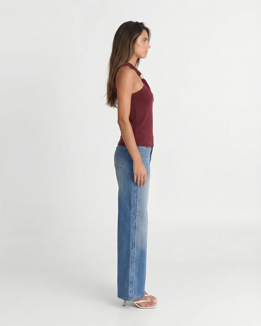 Edie | Elegant Halter Neck Top Burgundy Sleeveless Twist Front