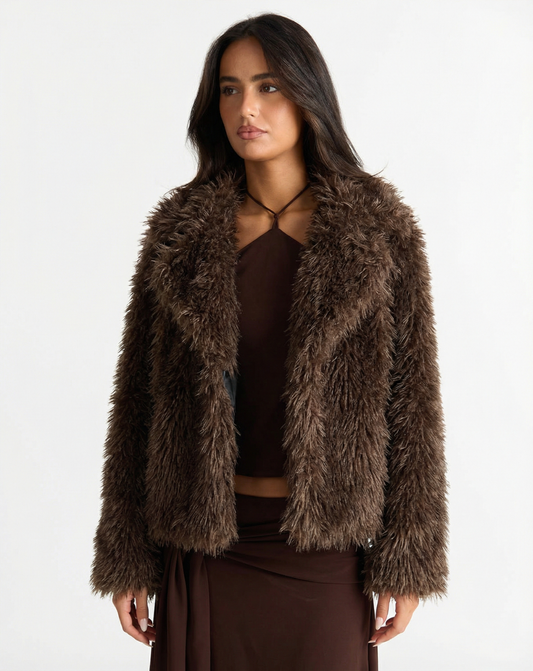 Romy | Autumn Fluffy Faux Fur Jacket Brown